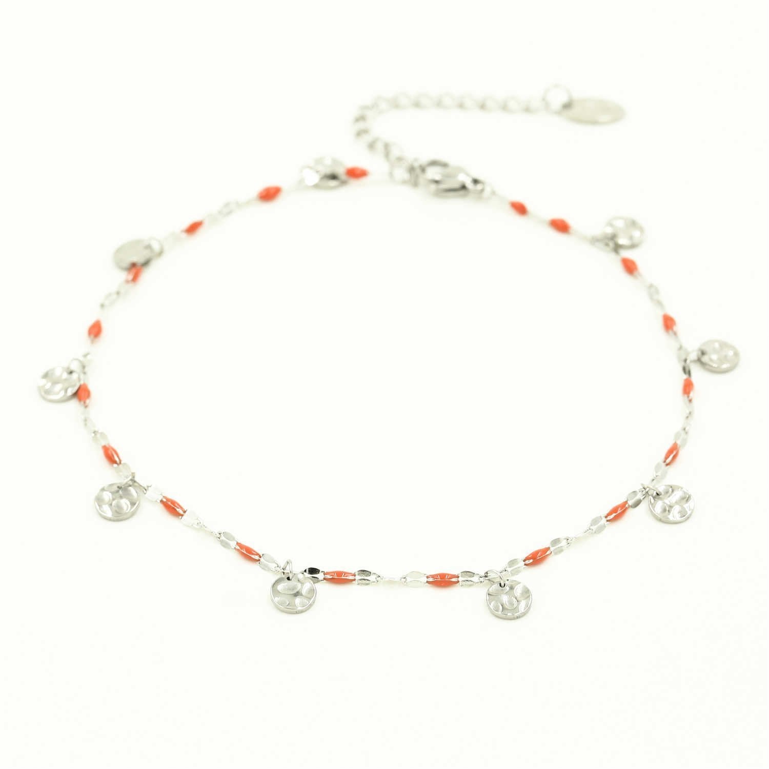 Enkelbandje met kleuren steentjes en muntjes leo motief - oranje - enkelbandje