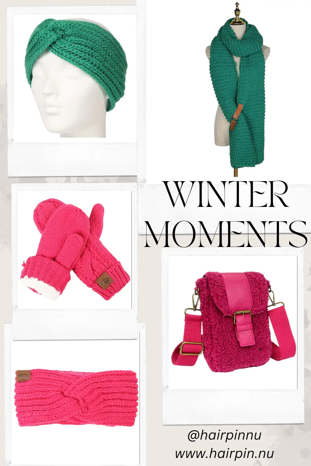 Een collectie gebreide winteraccessoires in groen en fuchsia roze
