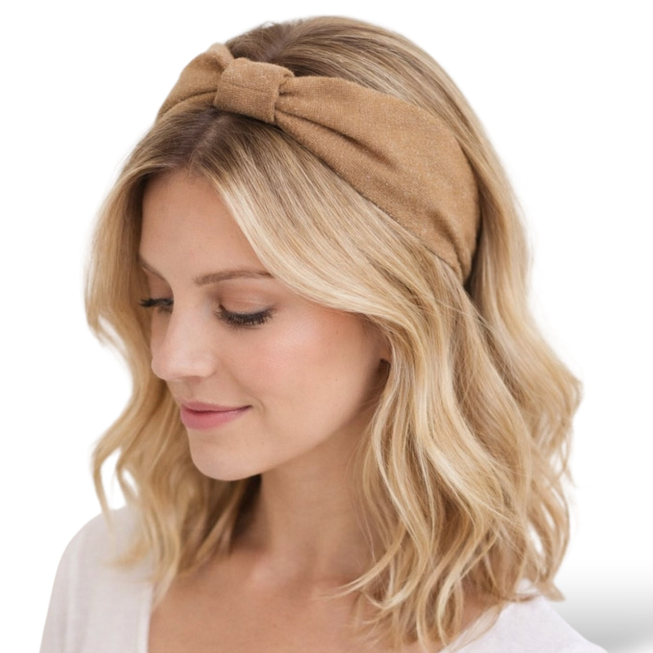 Haarband dames camel – zachte stoffen met knoop | comfortabel & tijdloos