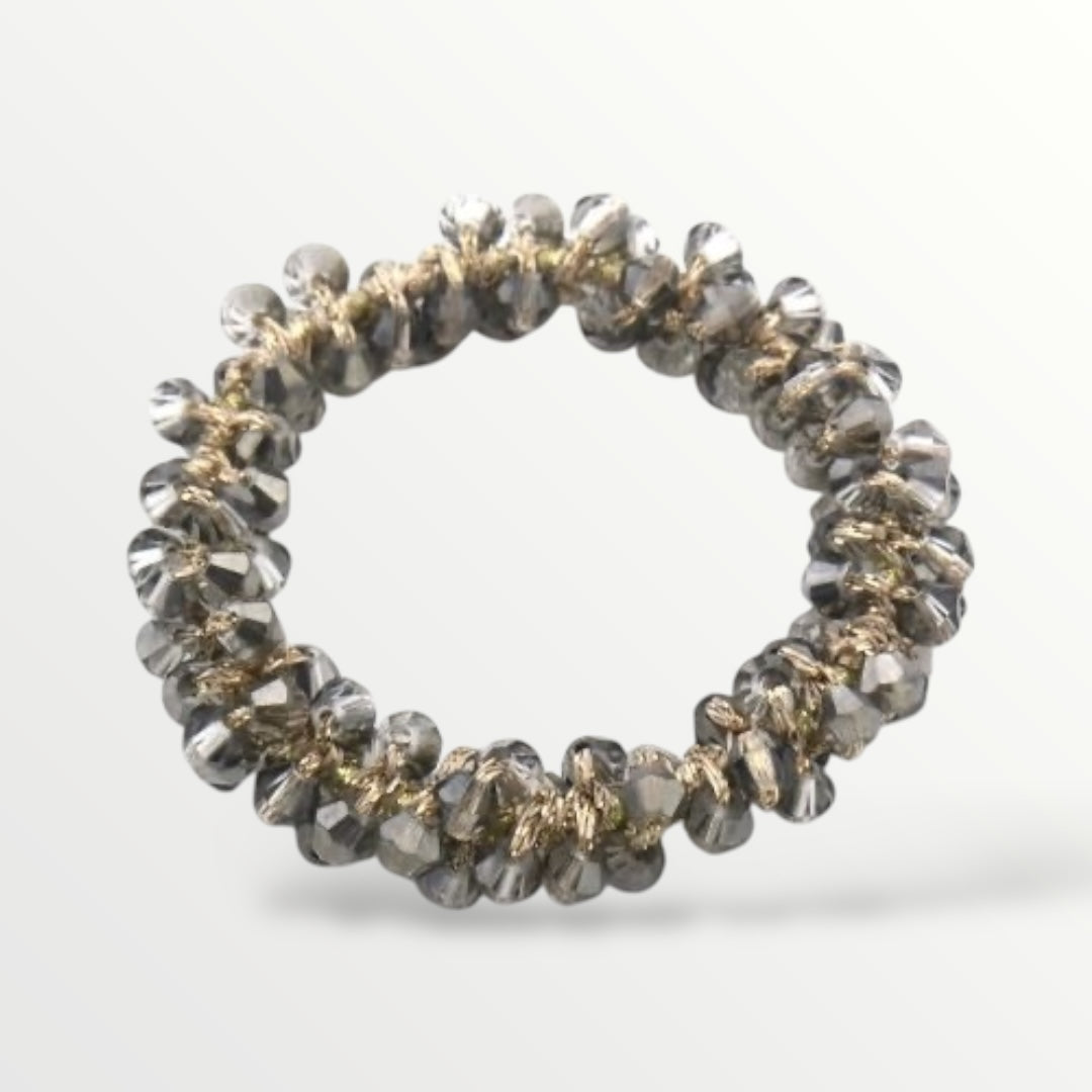 Haarelastiek met glaskraaltjes - grijs - haarelastieken