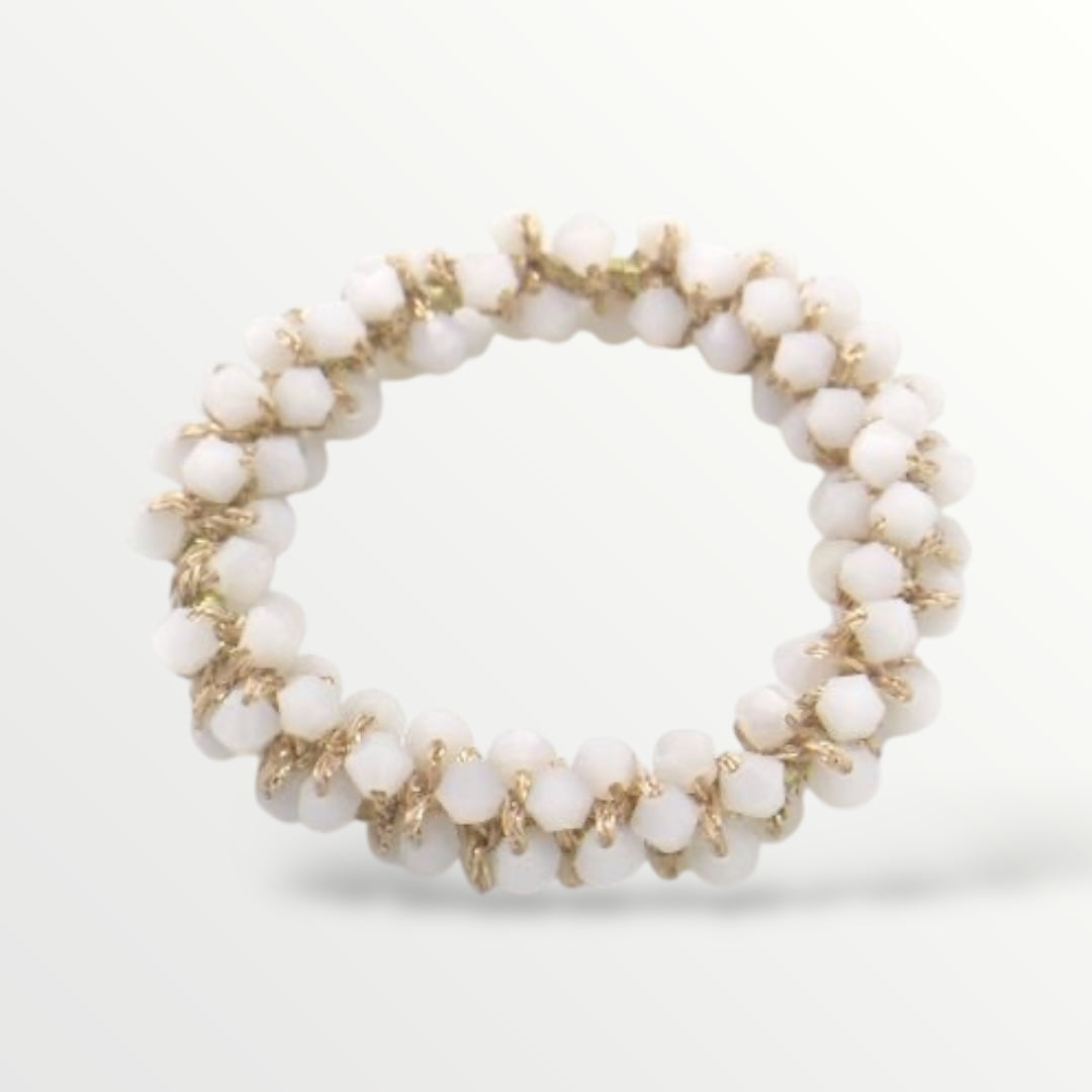 Haarelastiek met glaskraaltjes - ivoor - haarelastieken