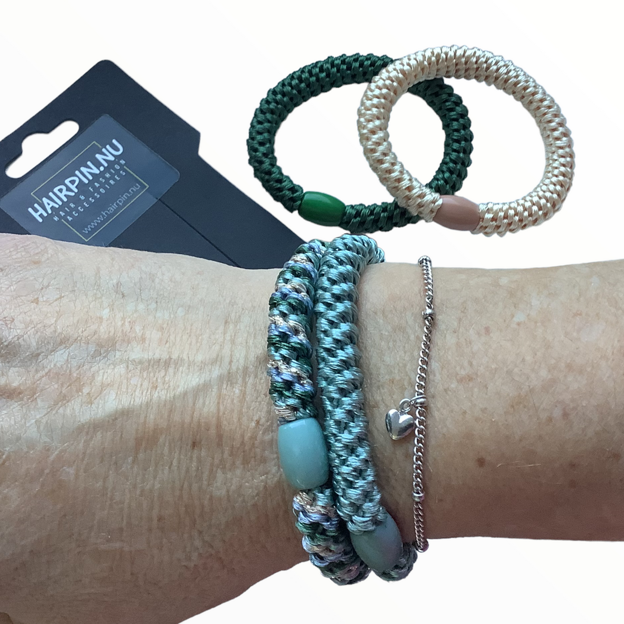 Haarelastiekjes - armbandjes knekkie 4 stuks groen beige mix - haaraccessoire