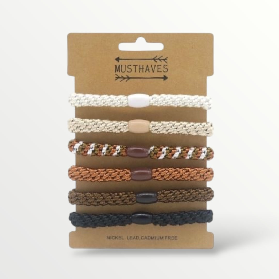 Haarelastiekjes - armbandjes knekkie 6 stuks zwart bruin beige mix - haaraccessoire
