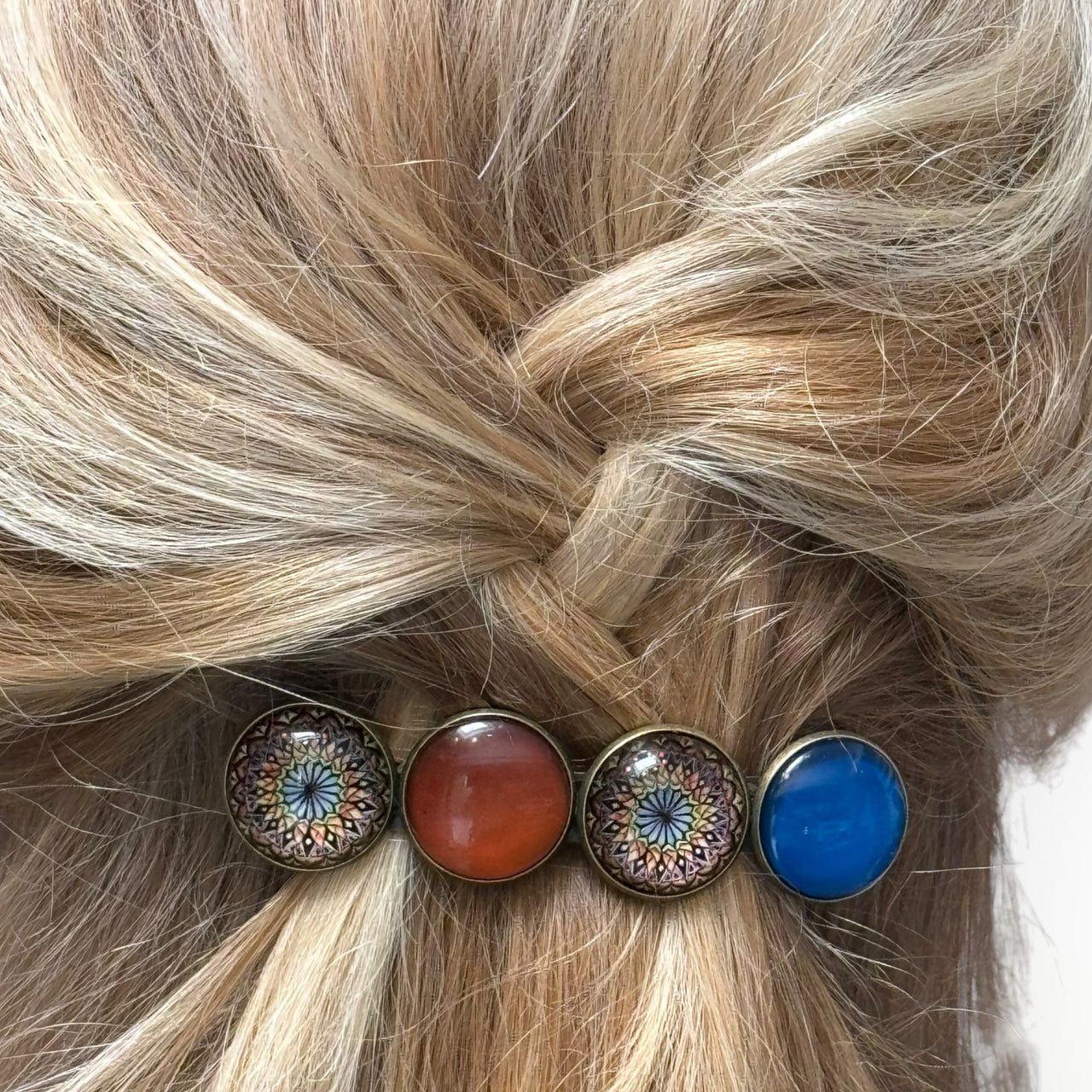 Color Hairclip XL glas cabochon haarspeld bruin blauw print 0184