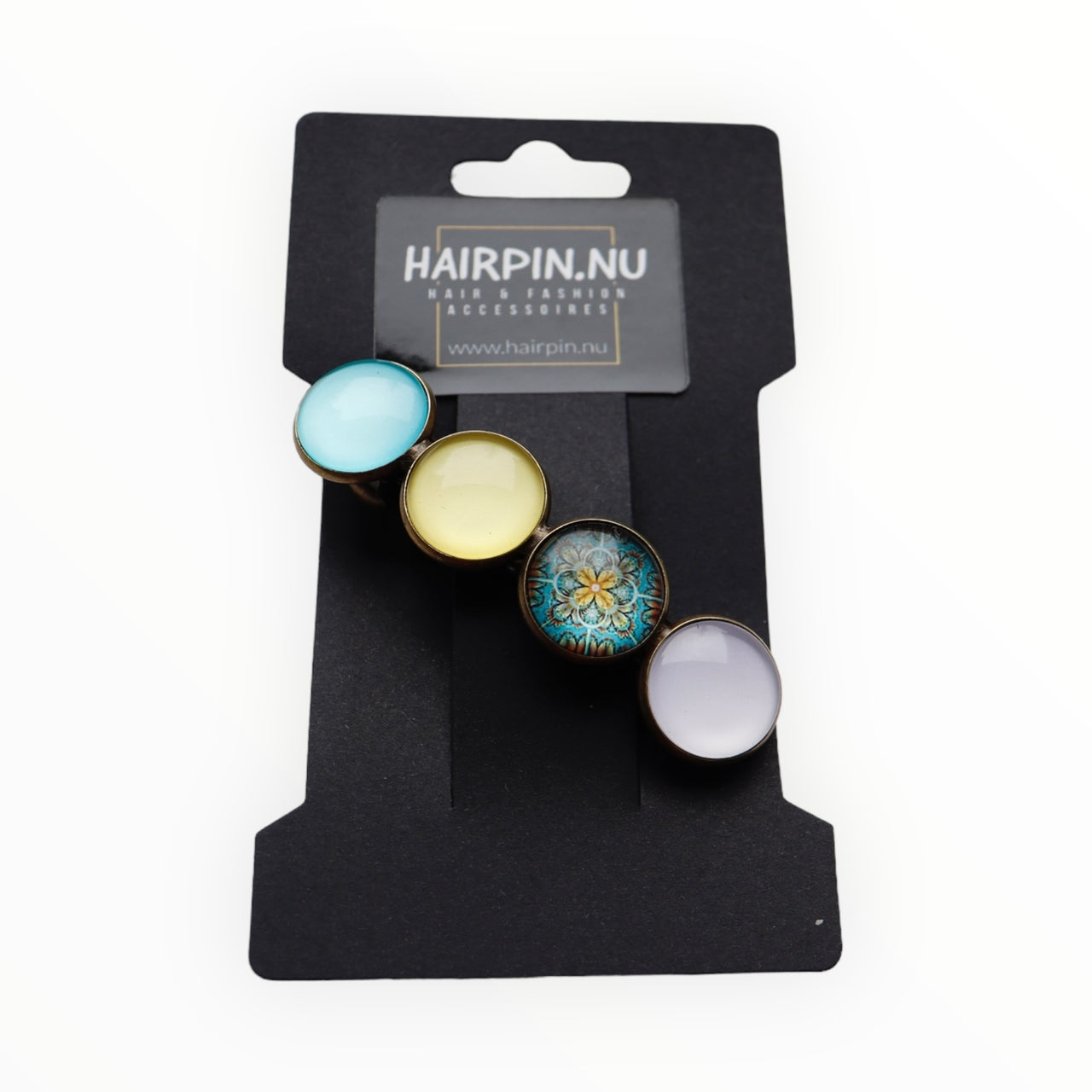 Color Hairclip Original haarspeld turquoise geel wit Ibiza print