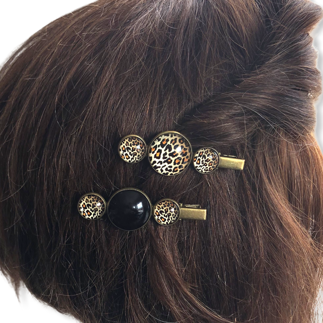 Hairclip cabochon zwart met print - zwart/tijgerprint / 2 stuks voordeelset