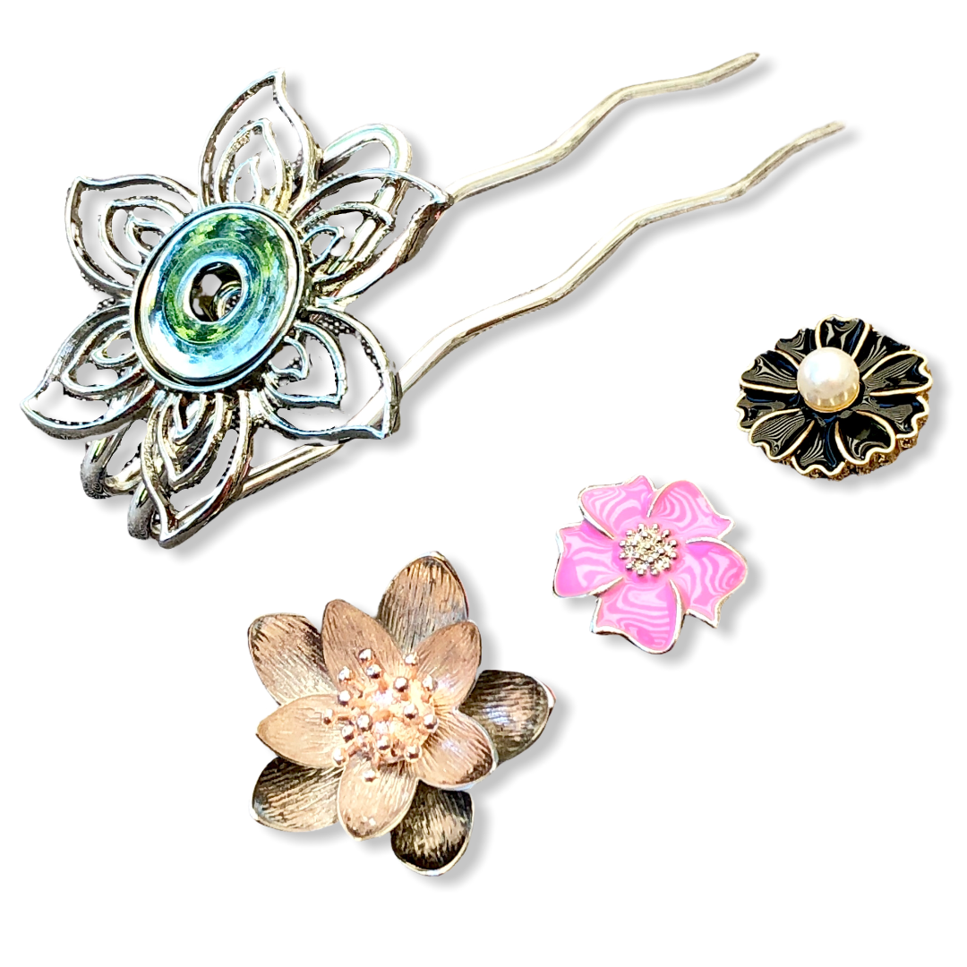 Hairfork flower- hairaccessories - haarpin incl. 3 gratis buttons naar keuze - long (11cm haak)