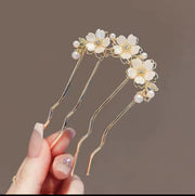 Hairfork - hairaccessories - hairpin goud met bloemen
