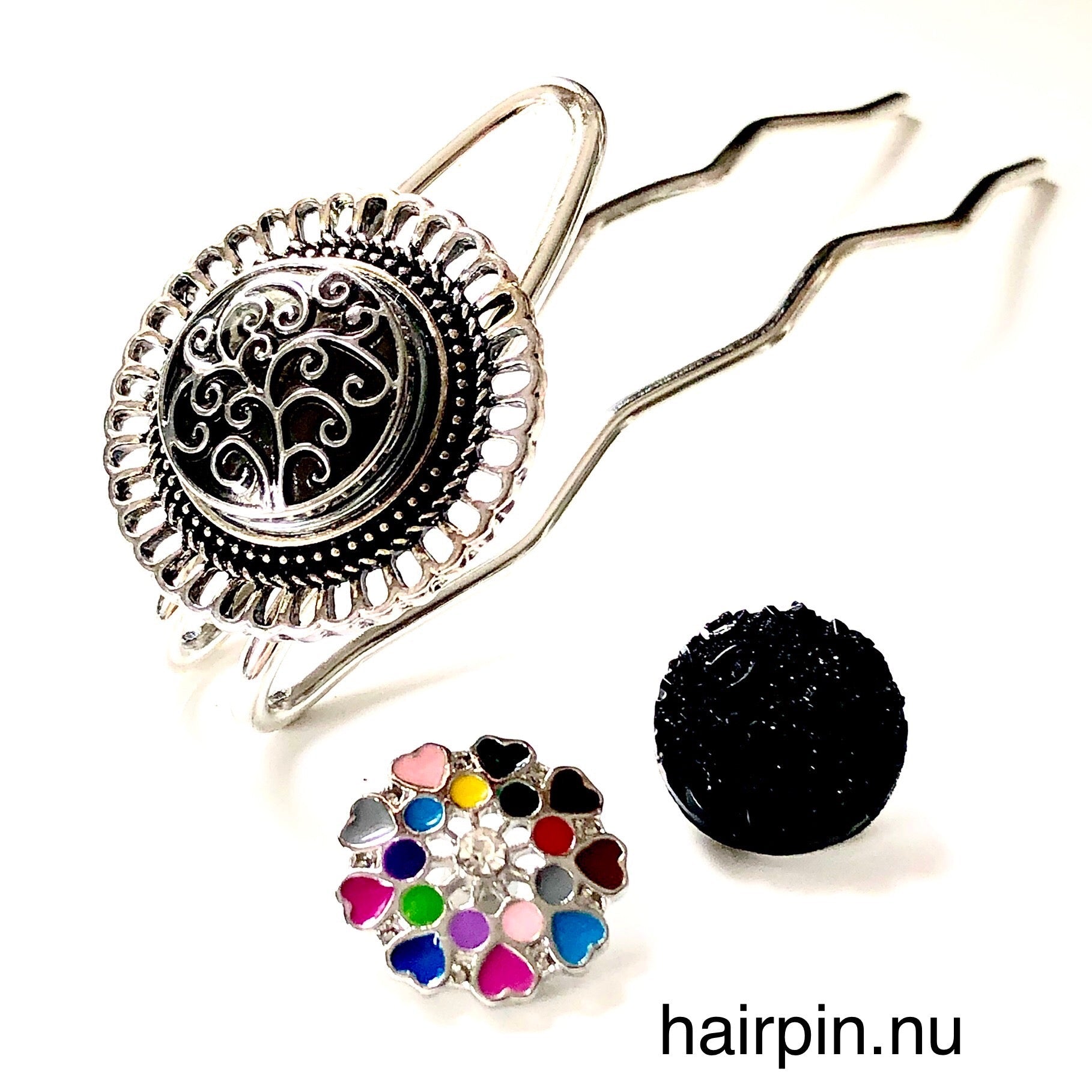 Hairfork round - hairaccessories - hairpin incl. 3 gratis buttons naar keuze - long (11cm haak)