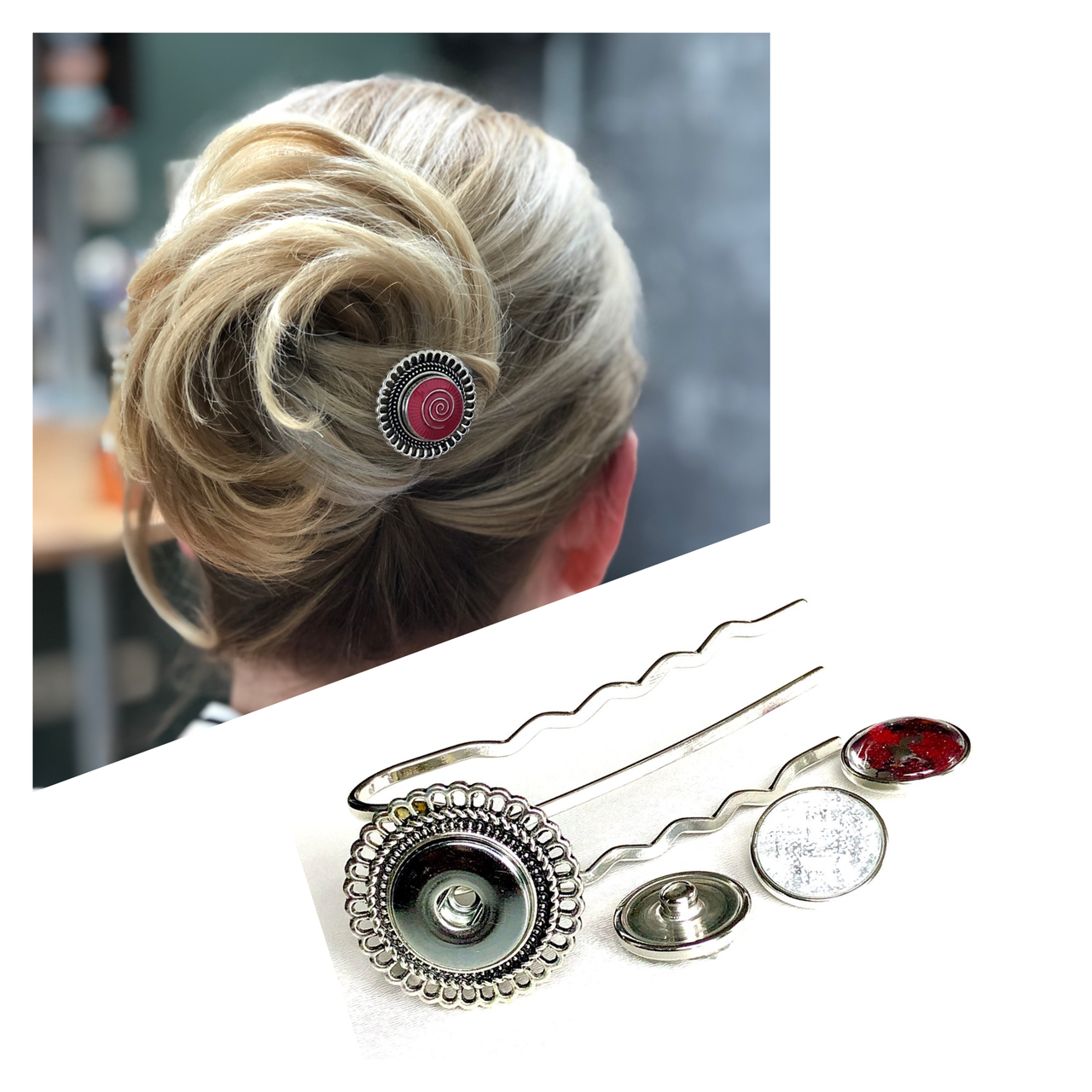 Hairfork round - hairaccessories - hairpin incl. 3 gratis buttons naar keuze