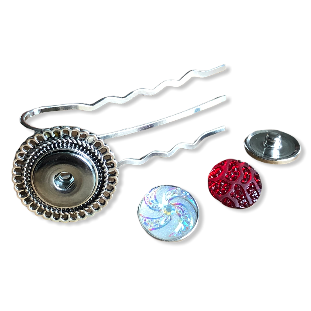 Hairpin long round- hairaccessoire - haarpin incl. 3 gratis clickbuttons naar keuze - fork (10 cm haak) - haarspelden