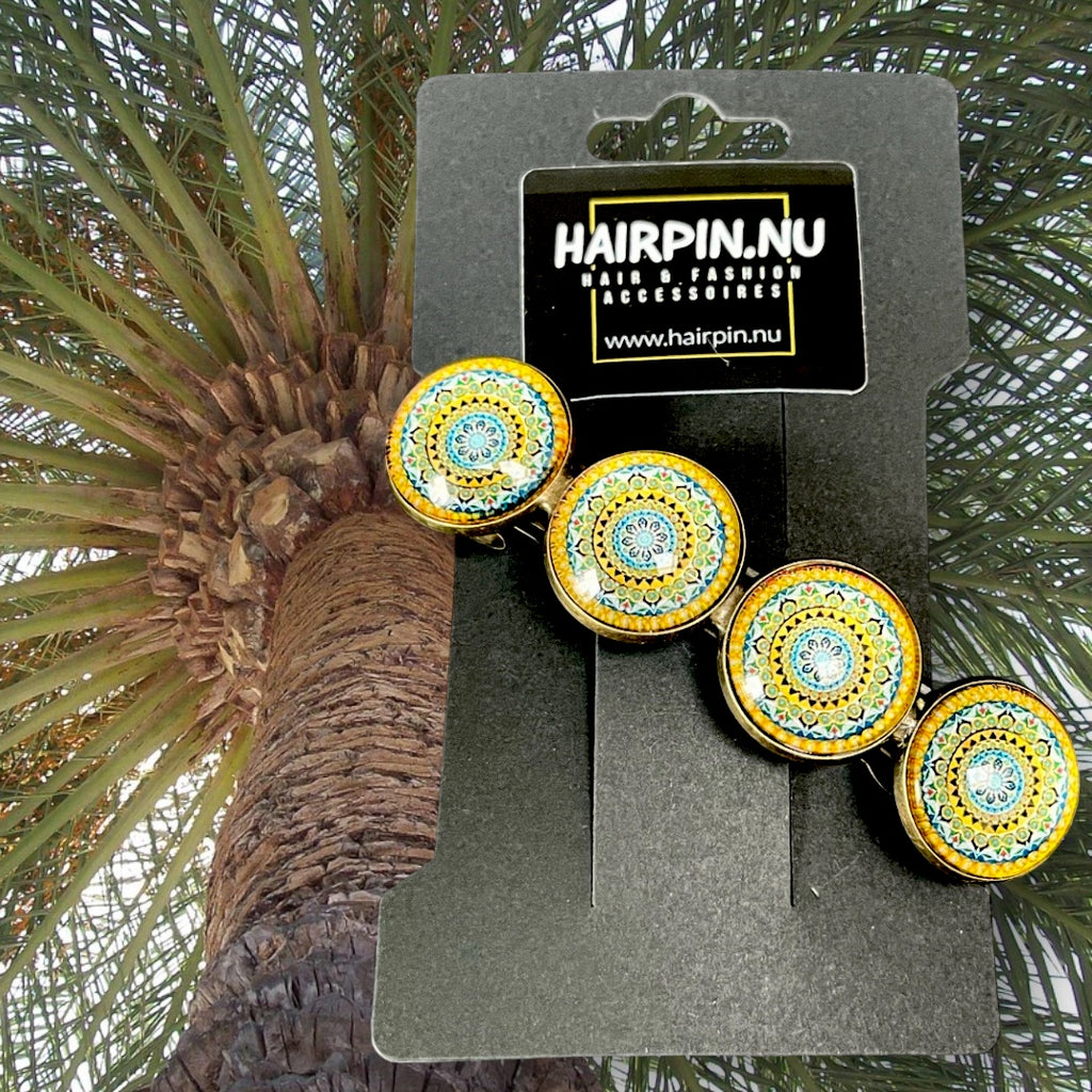 Hairclip XL glas cabochon haarspeld mandala bohemian ibiza geel blauw print 0146 - HAIRPIN.NU