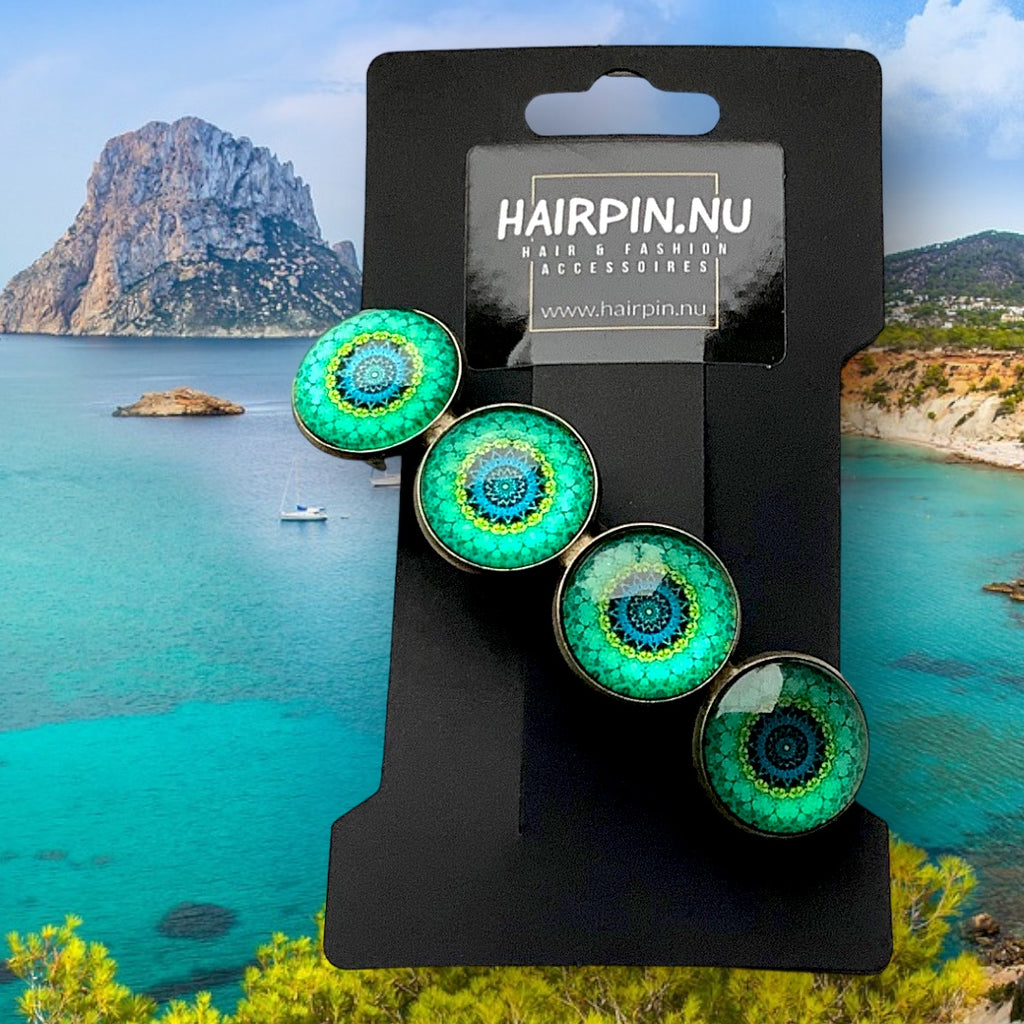 Hairclip XL glas cabochon haarspeld mandala bohemian ibiza boho zeegroen print 0151 - HAIRPIN.NU