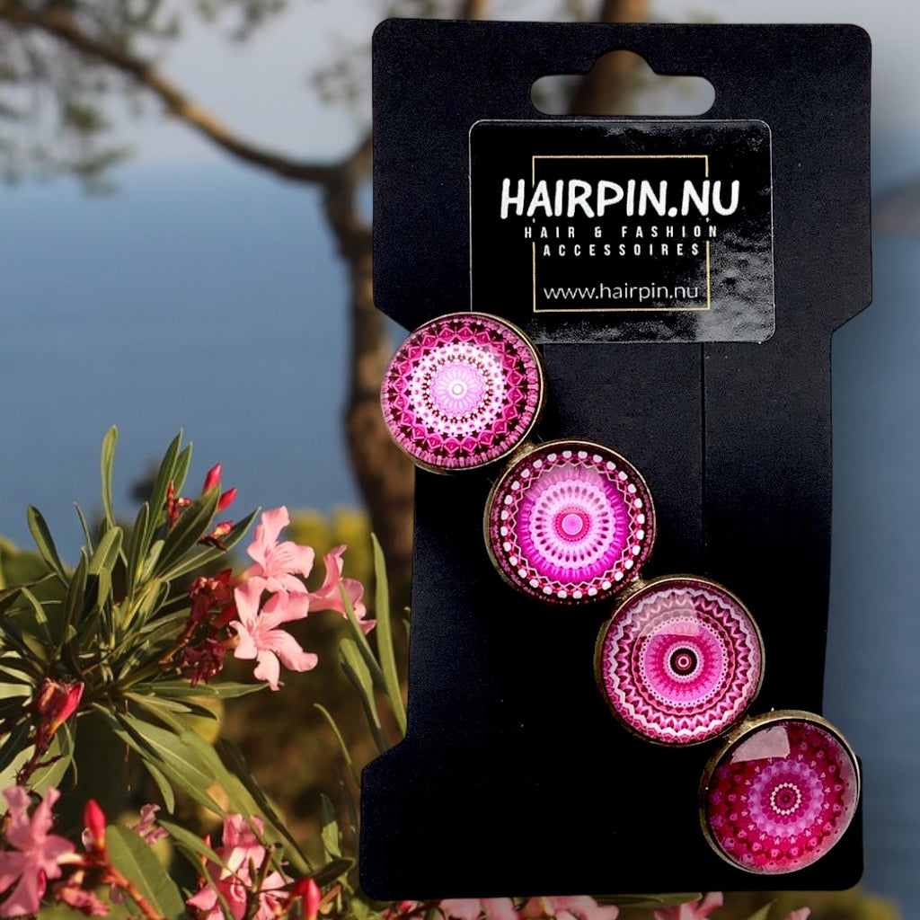 Hairclip XL glas cabochon haarspeld mandala bohemian ibiza roze print 0143 - HAIRPIN.NU