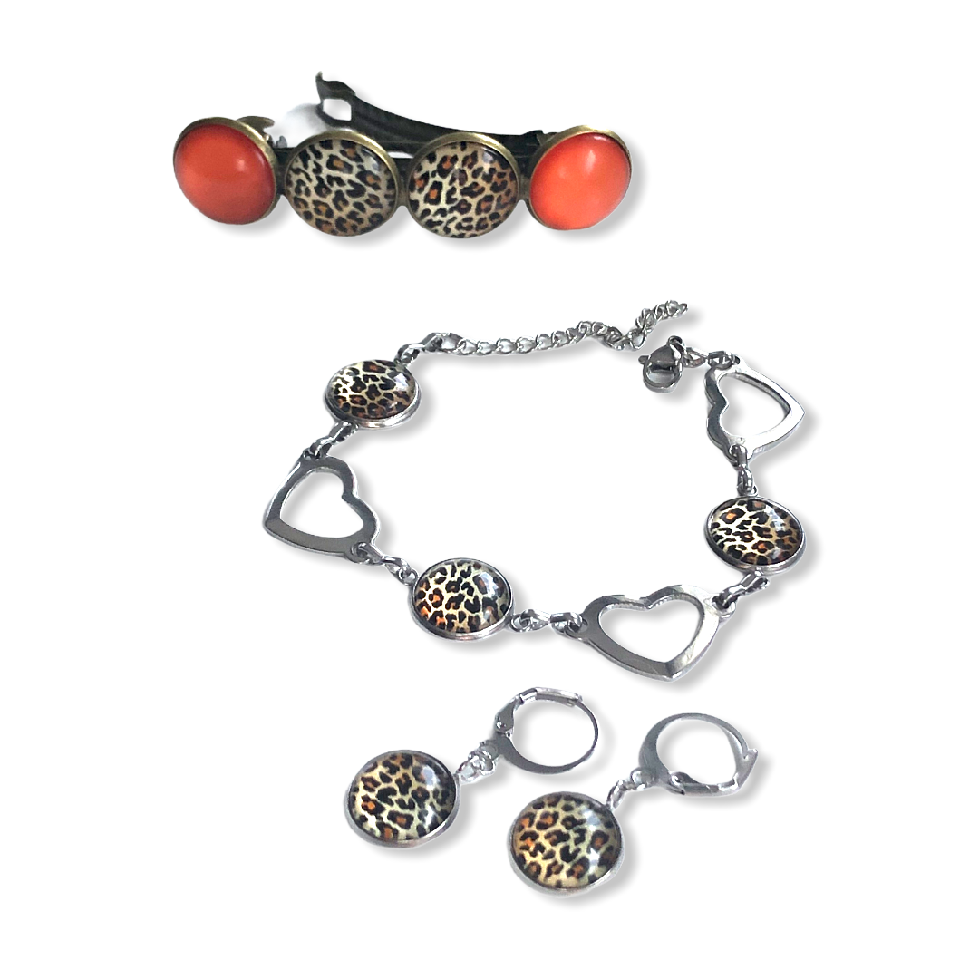 Kadoset armband oorbellen cabochon en 1 color hairclip - met haarspeld