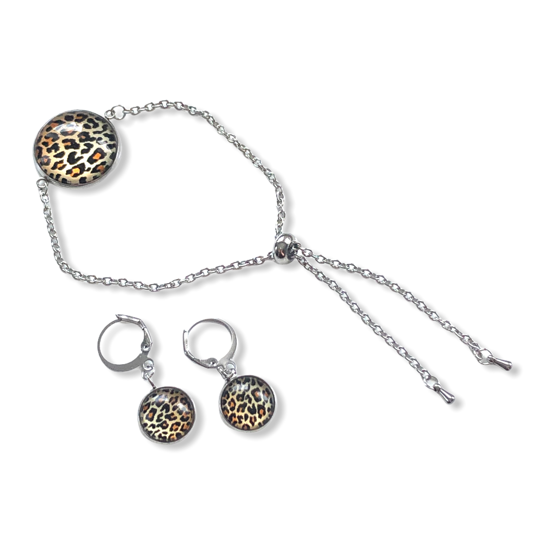 Kadoset armband oorbellen cabochon tijgerprint