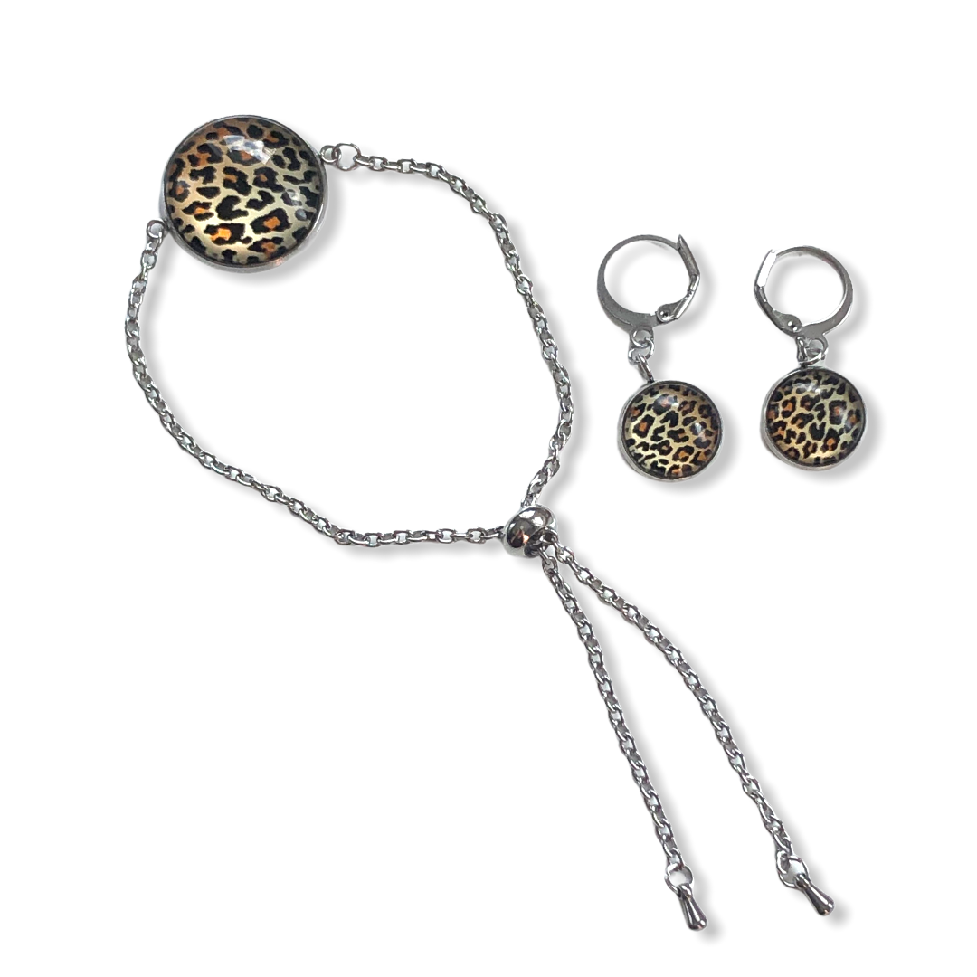 Kadoset armband oorbellen cabochon tijgerprint