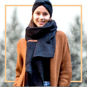 Lot83 sjaal nina zwart met bruin leren label - shawls