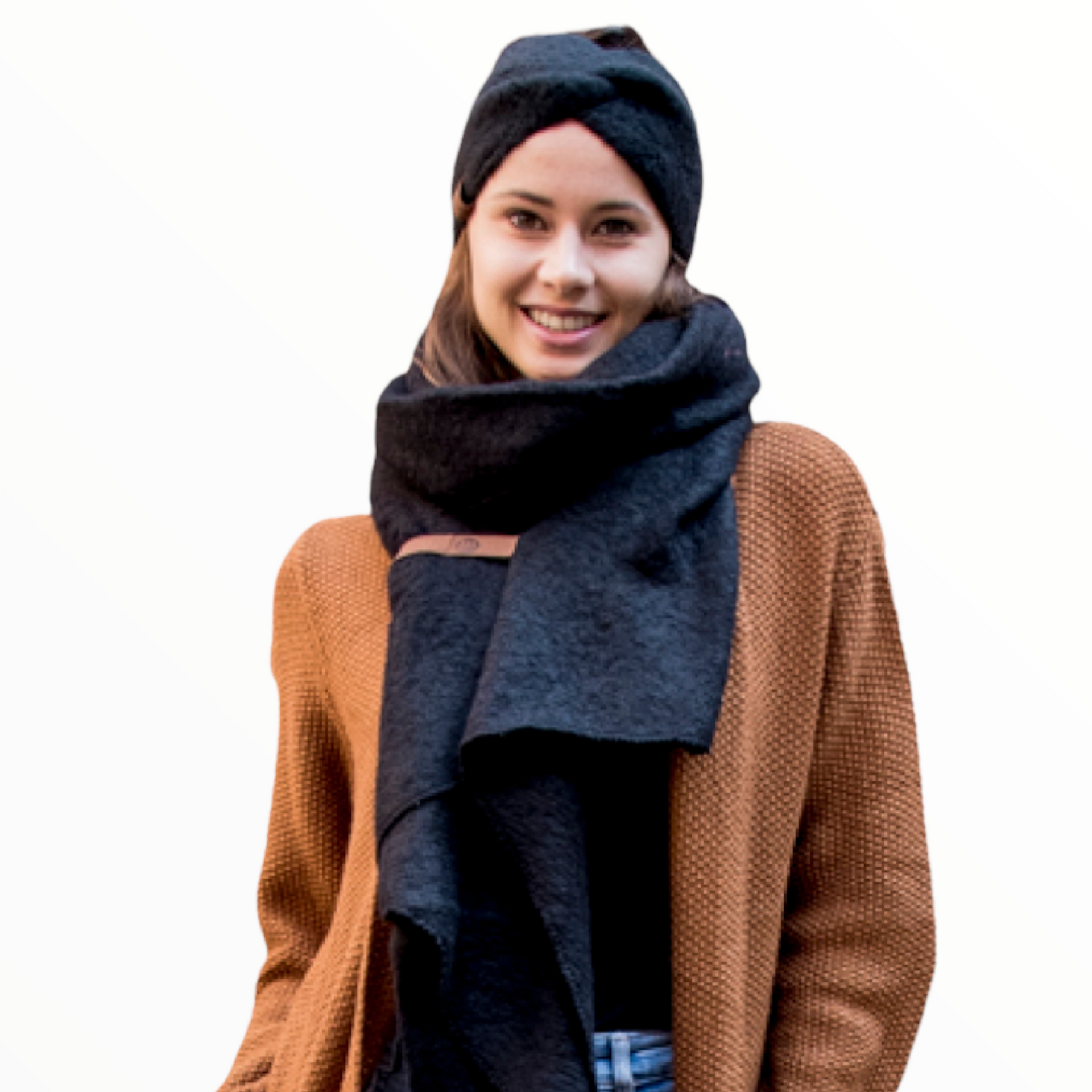 Lot83 sjaal nina zwart met bruin leren label - shawls