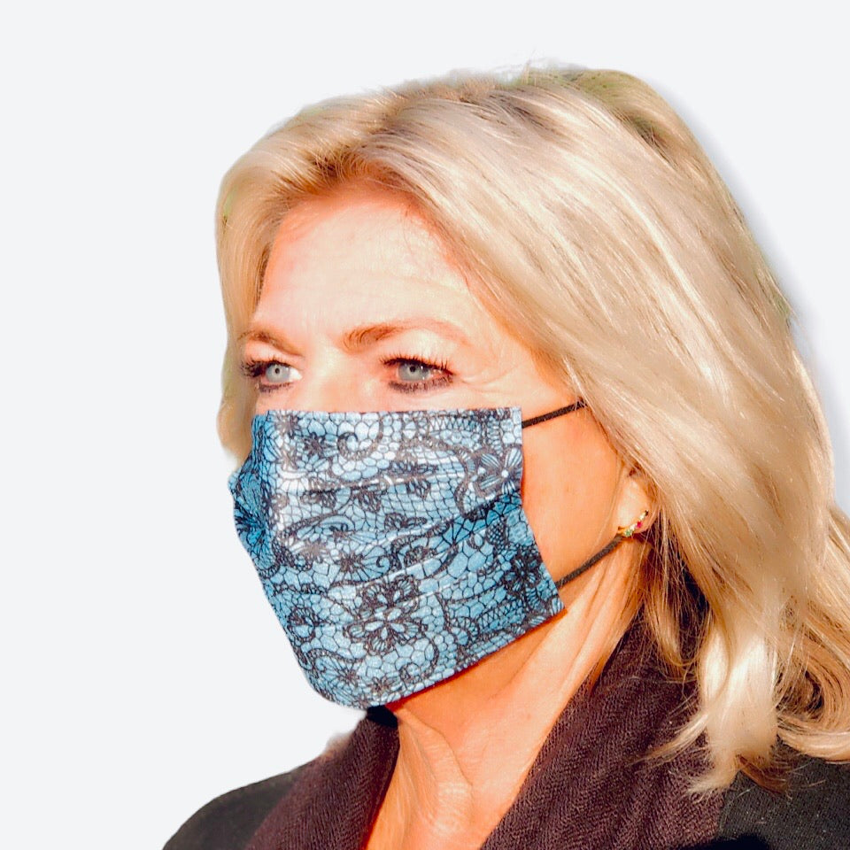 Mondkapje met kantprint blauw/zwart