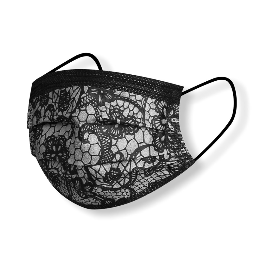 Mondkapje met kantprint motief roze-blauw-zwart 3 stuks