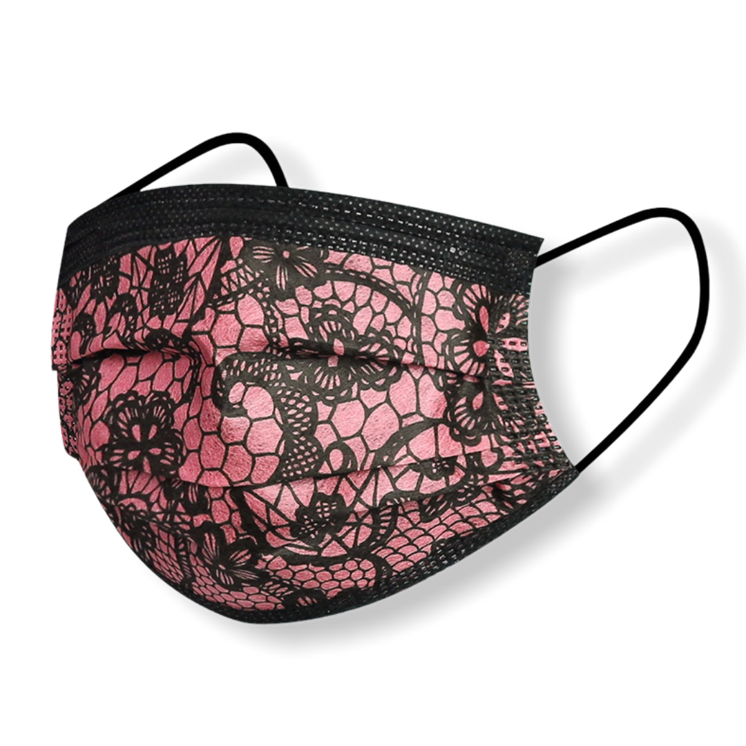 Mondkapje met kantprint motief roze-blauw-zwart 3 stuks