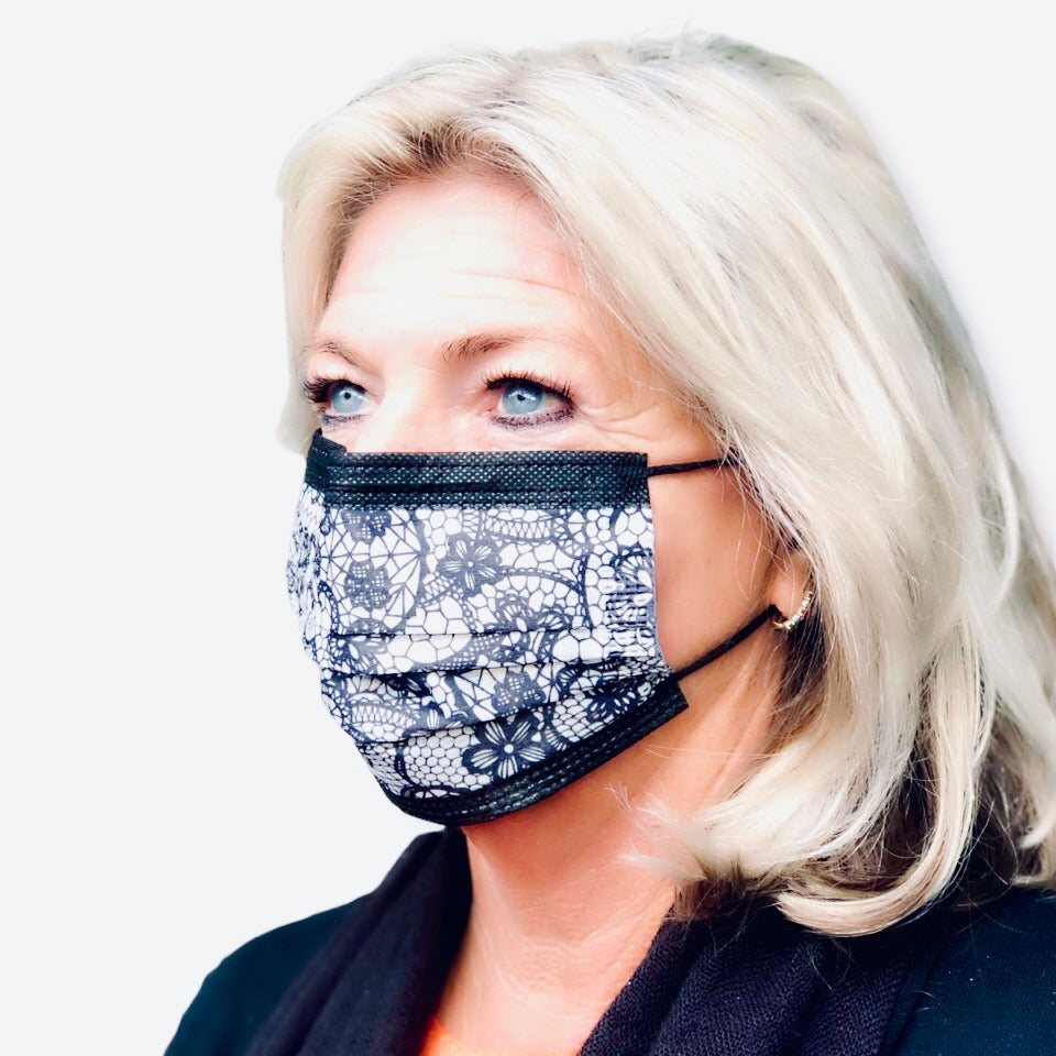 Mondkapje met kantprint motief zwart-wit 2 stuks