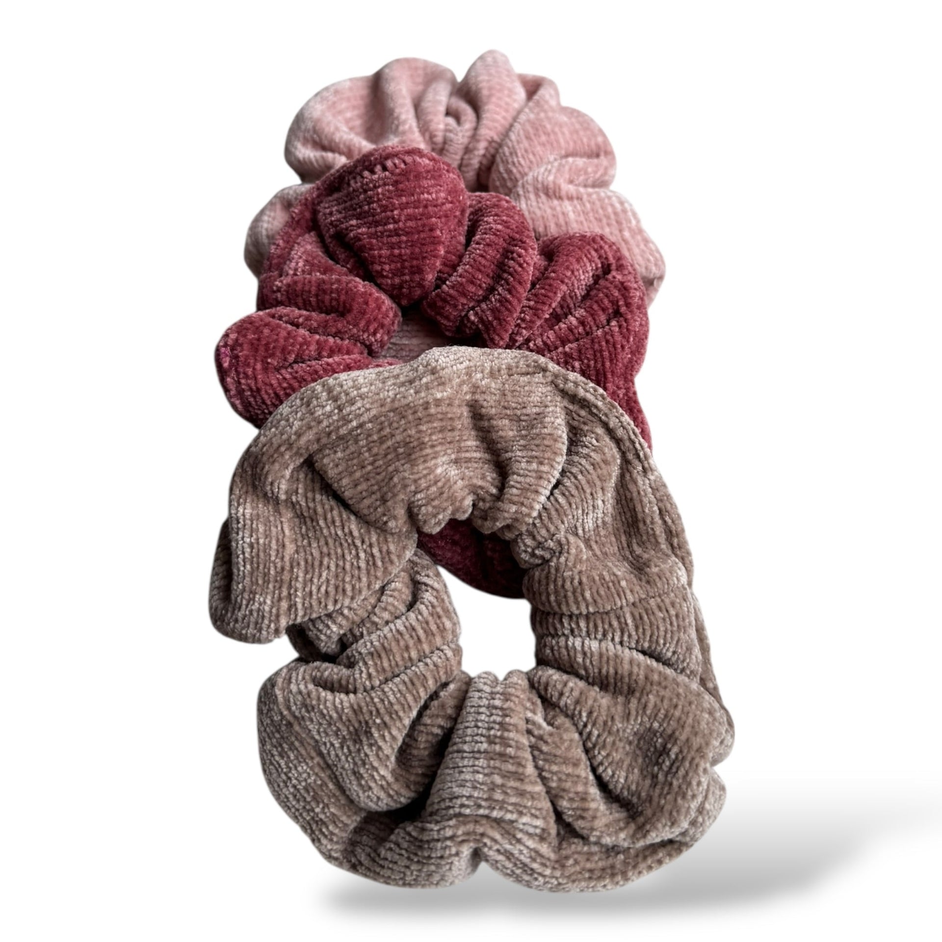 Scrunchie set 3 stuks – zachte velvet rib haar­elastieken in nude roze & taupe
