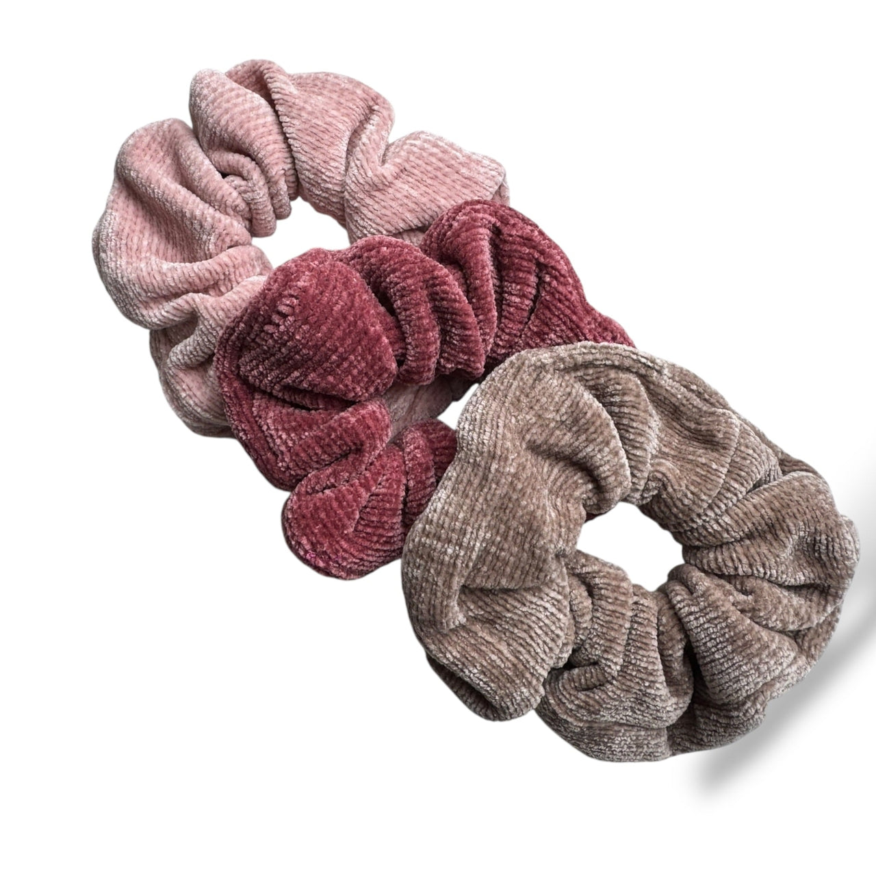 Scrunchie set 3 stuks – zachte velvet rib haar­elastieken in nude roze & taupe