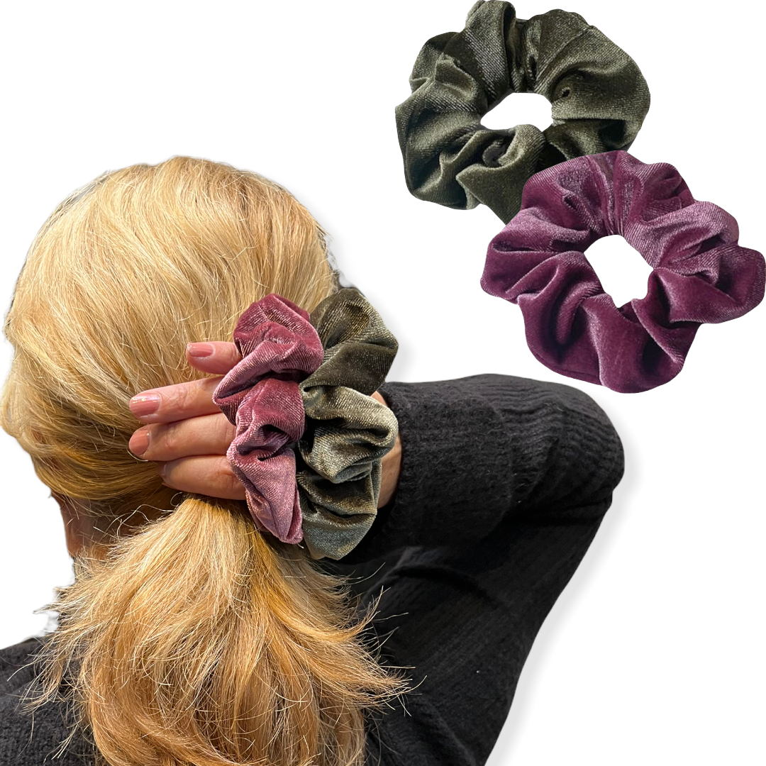 Set 2 scrunchies haarelastieken velvet roze/groen - scrunchie