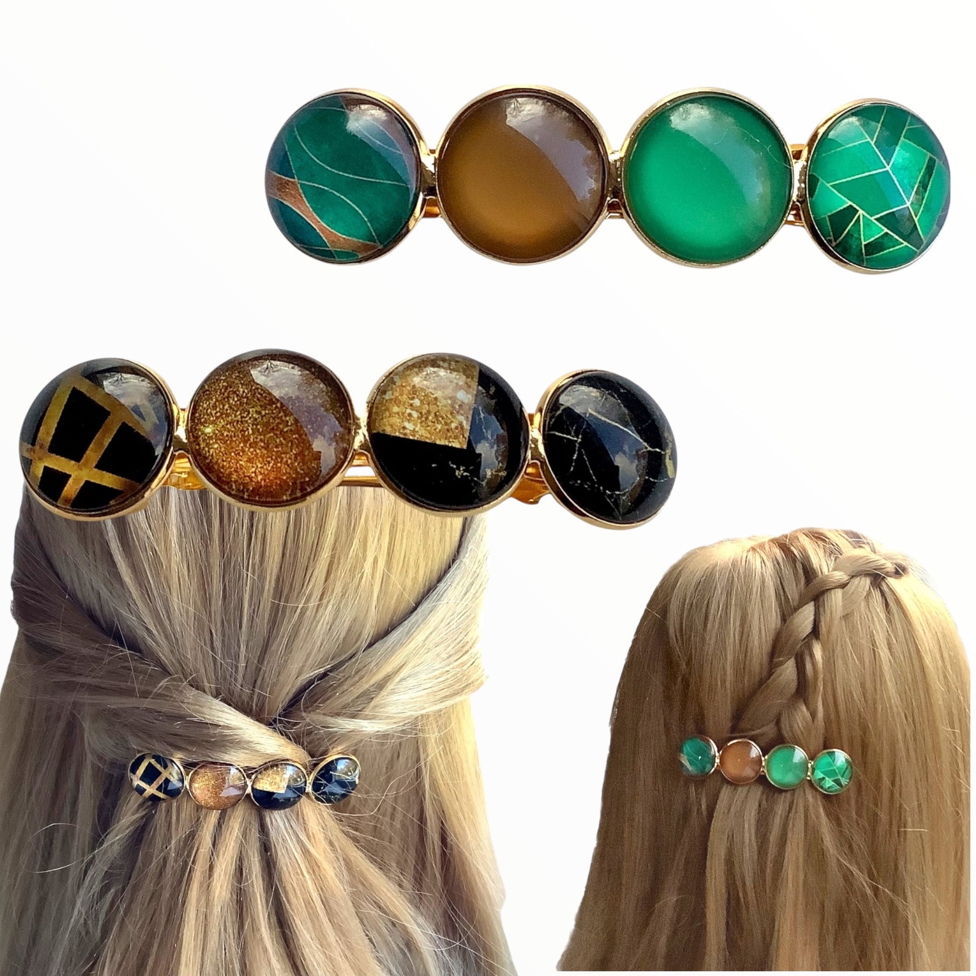 Voordeelset color hairclips bruin-groen-goud set 2 stuks xl - haarspelden