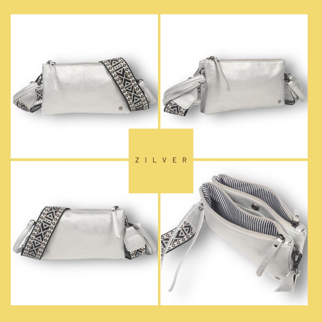 Zilver schoudertasje crossbody castel met 2 schouderbanden - handtassen