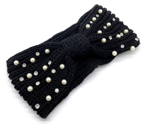 Zwarte haarband / oorwarmer met parels - haarband