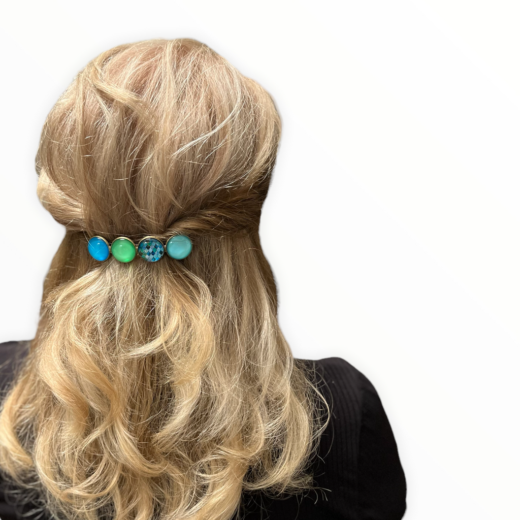 Color Hairclip XL glas cabochon haarspeld blauw groen print 0119 - HAIRPIN.NU