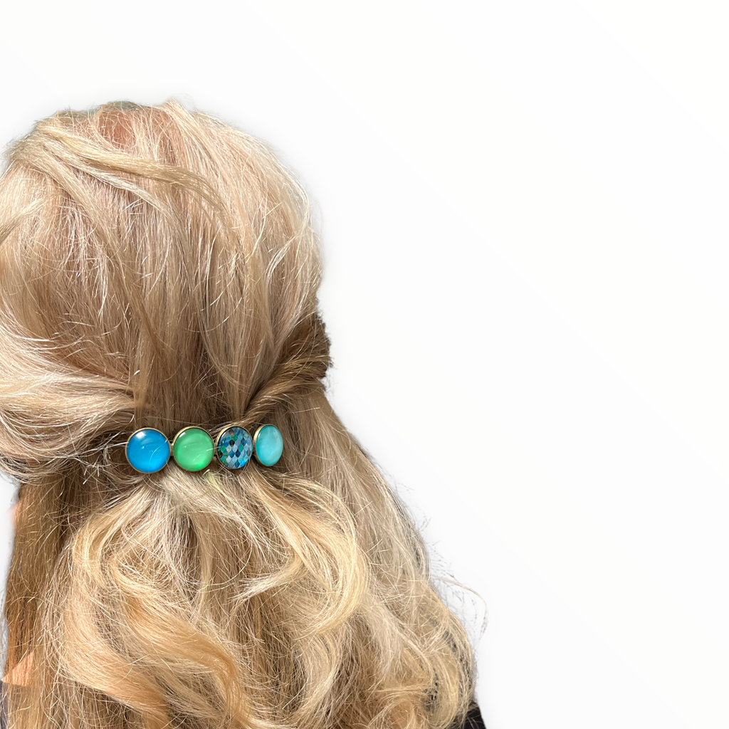 Color Hairclip XL glas cabochon haarspeld blauw groen print 0119 - HAIRPIN.NU