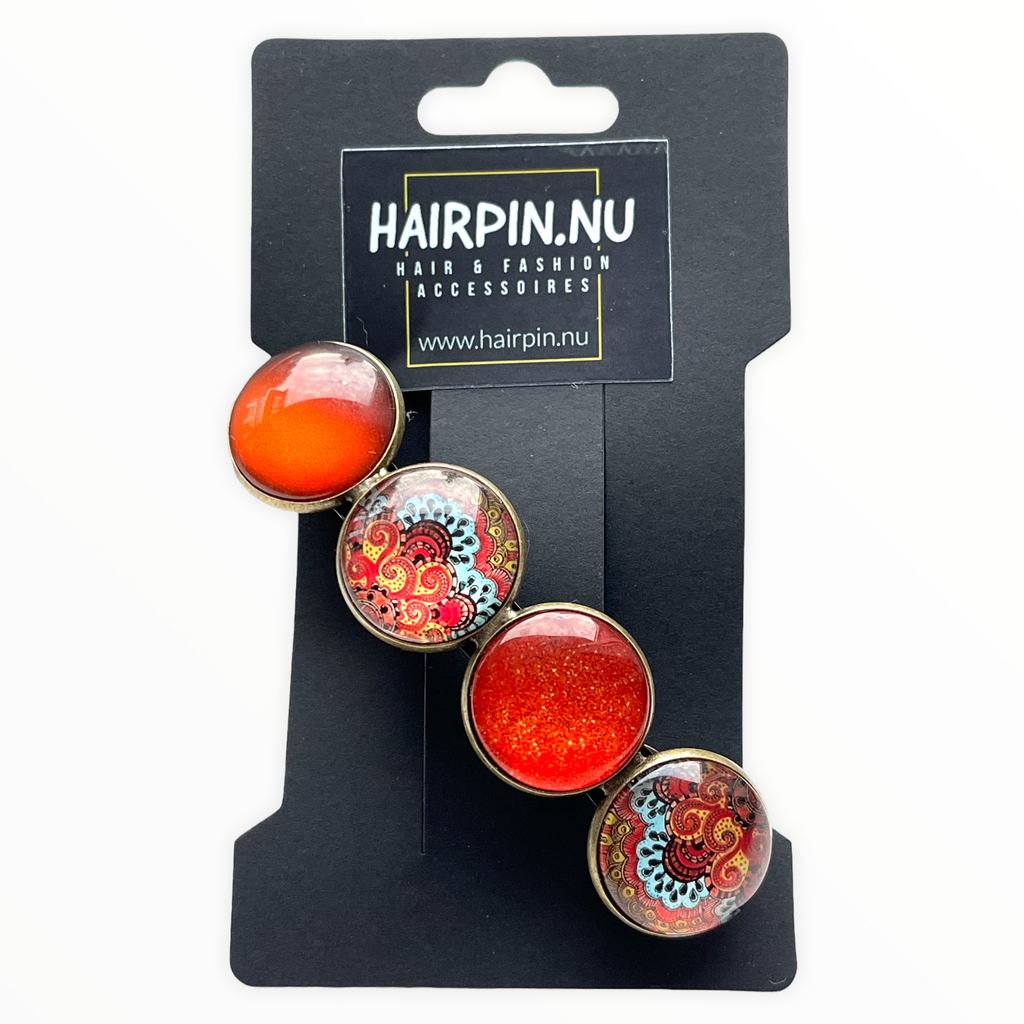 Color Hairclip XL glas cabochon haarspeld bruin orange ibiza print 0121 - HAIRPIN.NU