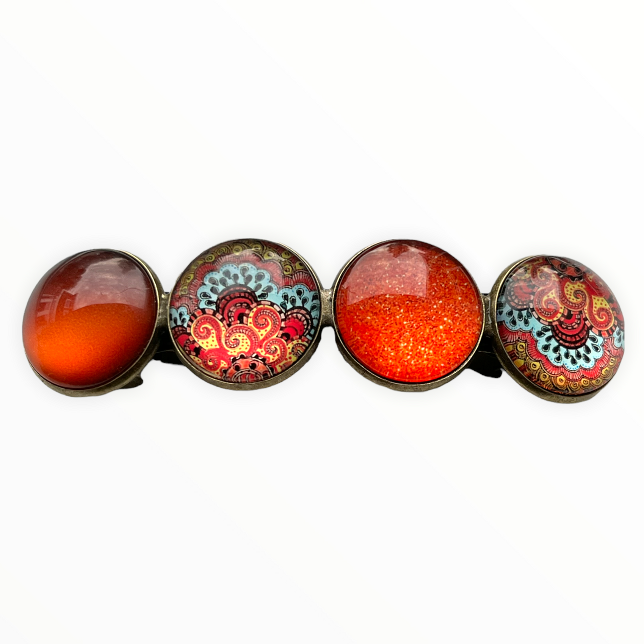 Color Hairclip XL glas cabochon haarspeld bruin orange ibiza print 0121 - HAIRPIN.NU