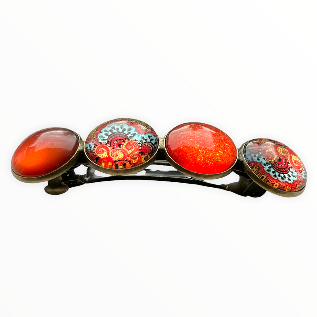 Color Hairclip XL glas cabochon haarspeld bruin orange ibiza print 0121 - HAIRPIN.NU