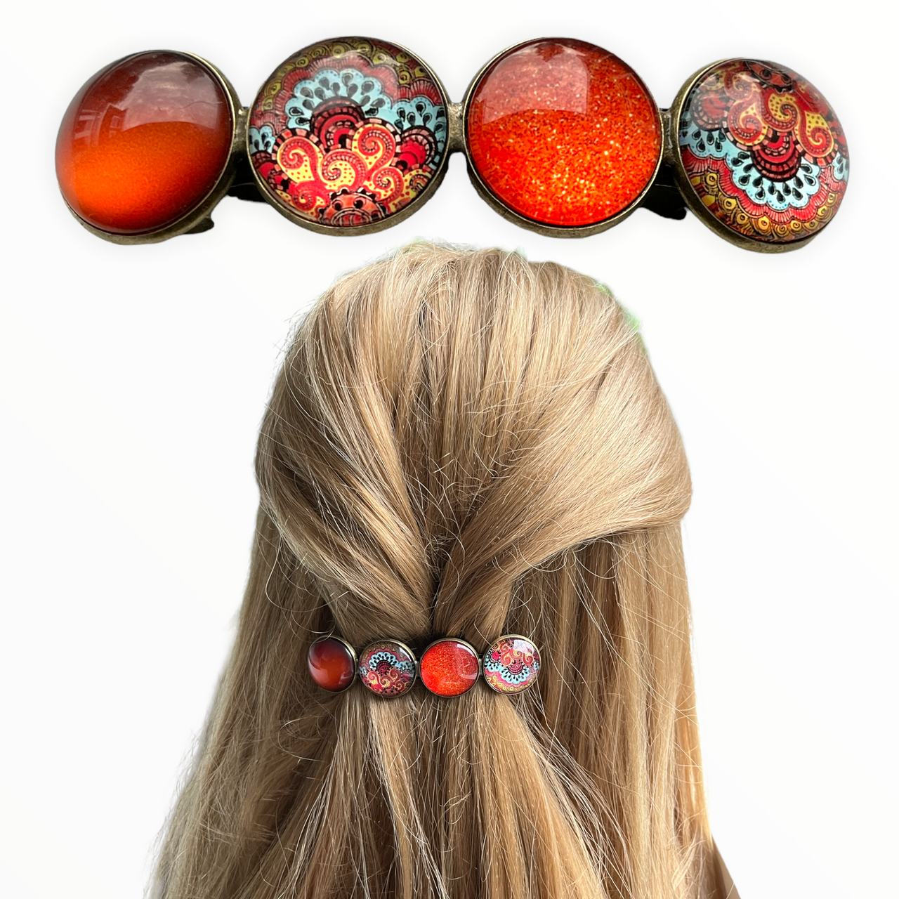 Color Hairclip XL glas cabochon haarspeld bruin orange ibiza print 0121 - HAIRPIN.NU