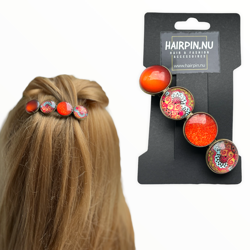 Color Hairclip XL glas cabochon haarspeld bruin orange ibiza print 0121 - HAIRPIN.NU