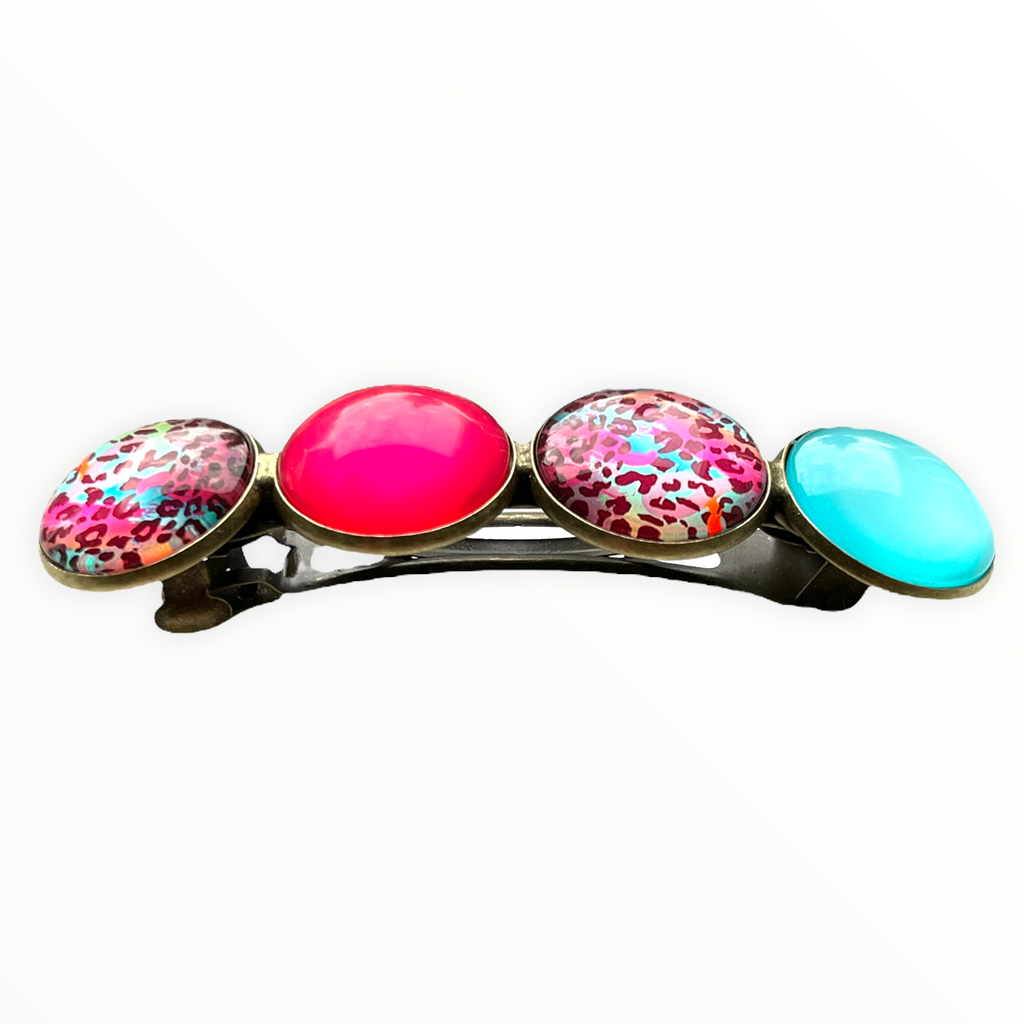 Color Hairclip XL glas cabochon haarspeld roze turquoise print 0122 - HAIRPIN.NU