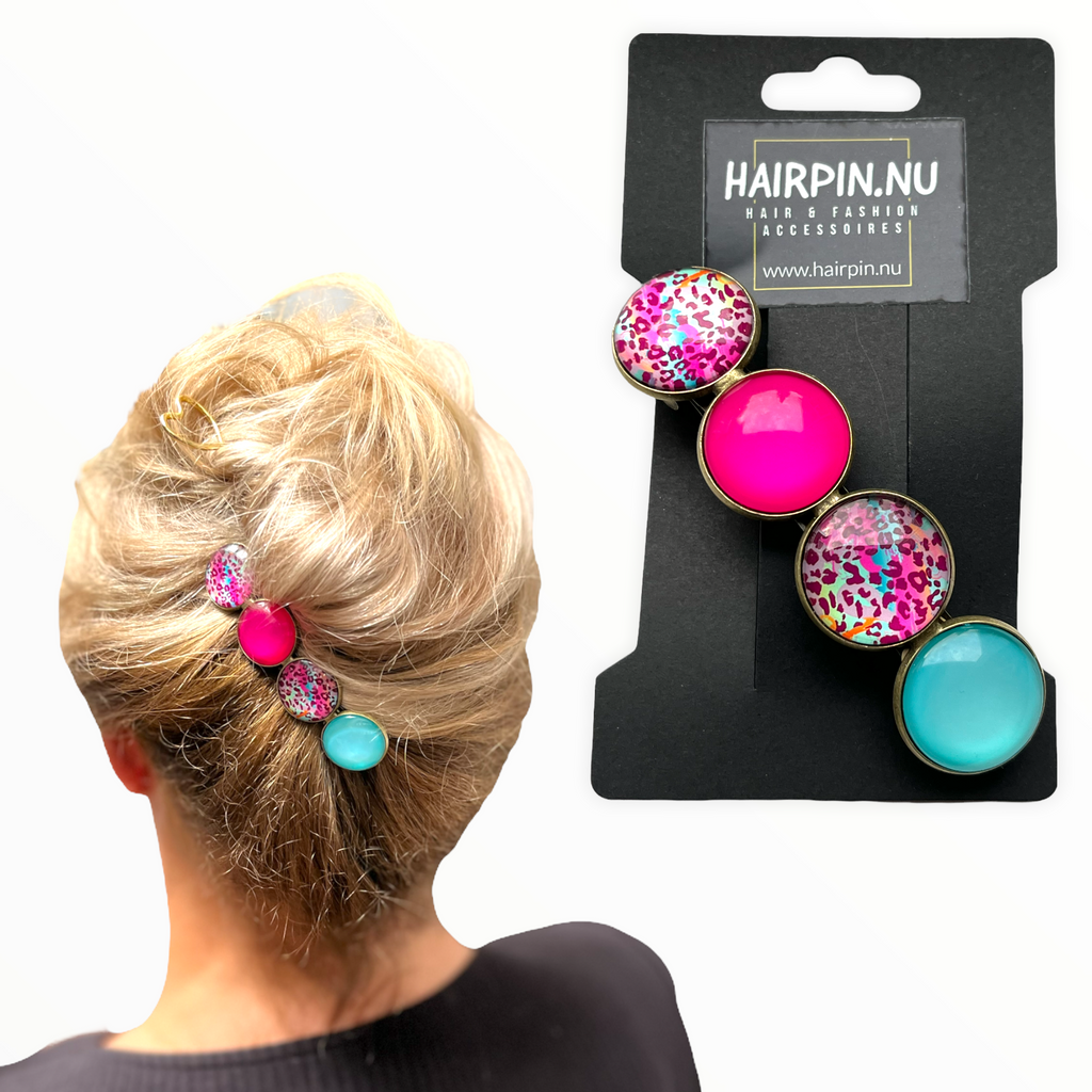 Color Hairclip XL glas cabochon haarspeld roze turquoise print 0122 - HAIRPIN.NU
