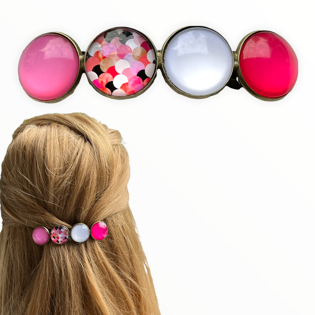 Color Hairclip XL glas cabochon haarspeld roze wit print 0124 - HAIRPIN.NU