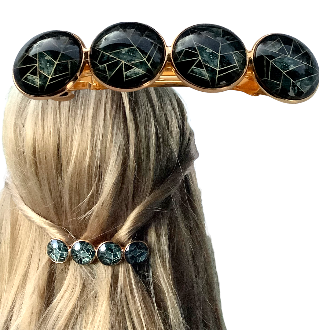 Color Hairclip XL glas cabochon haarspeld zwart goud 065 - HAIRPIN.NU