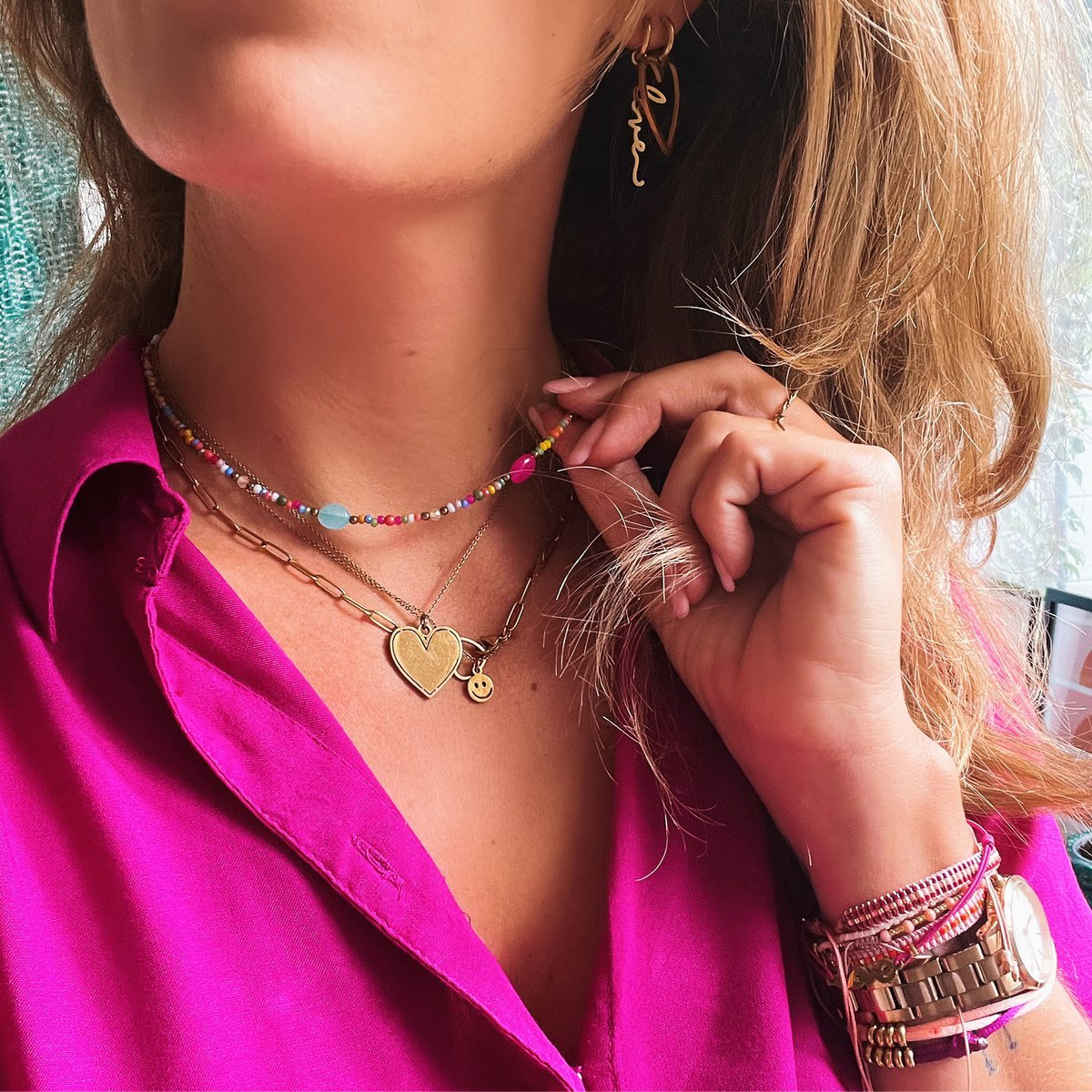 Edelstalen fijne ketting met smiley - goud