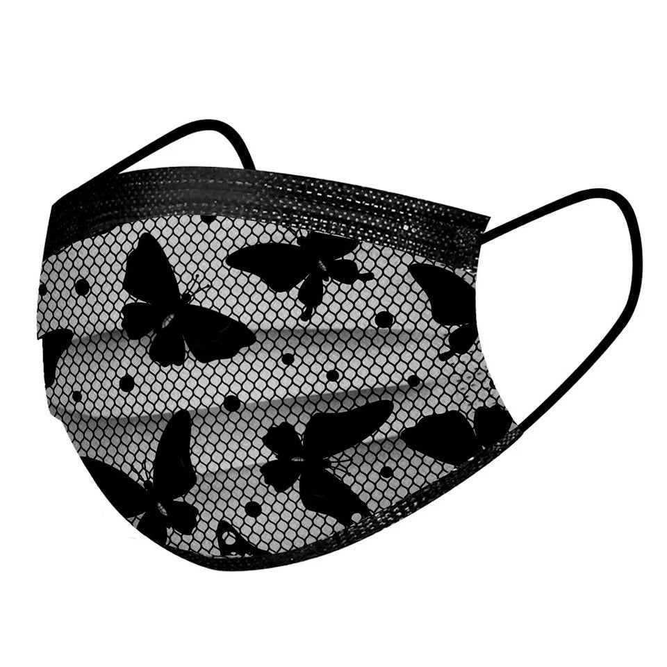 Mondkapje zwart kantprint vlinder mondbescherming