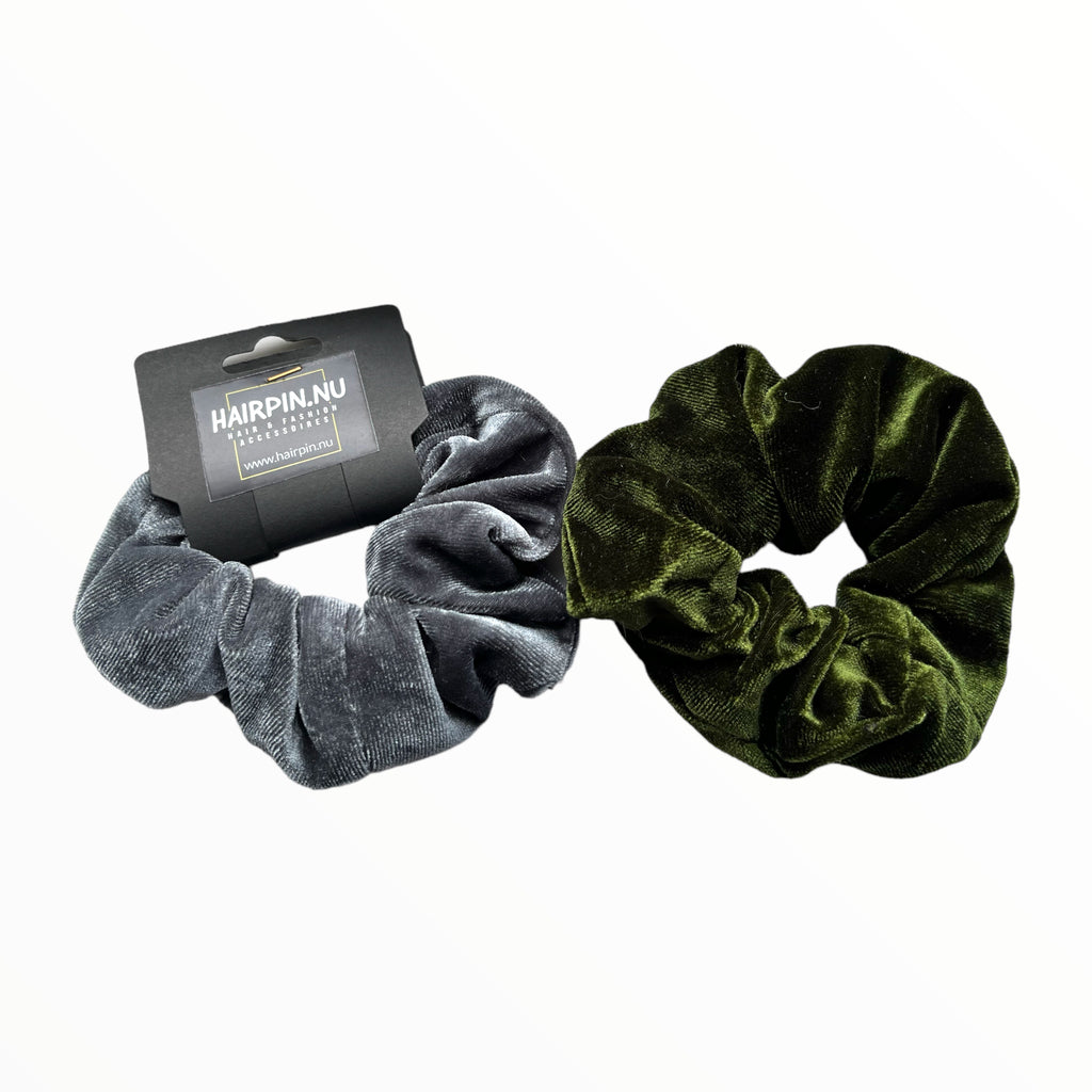 Set 2 scrunchies haarelastieken velvet grijs/groen - HAIRPIN.NU