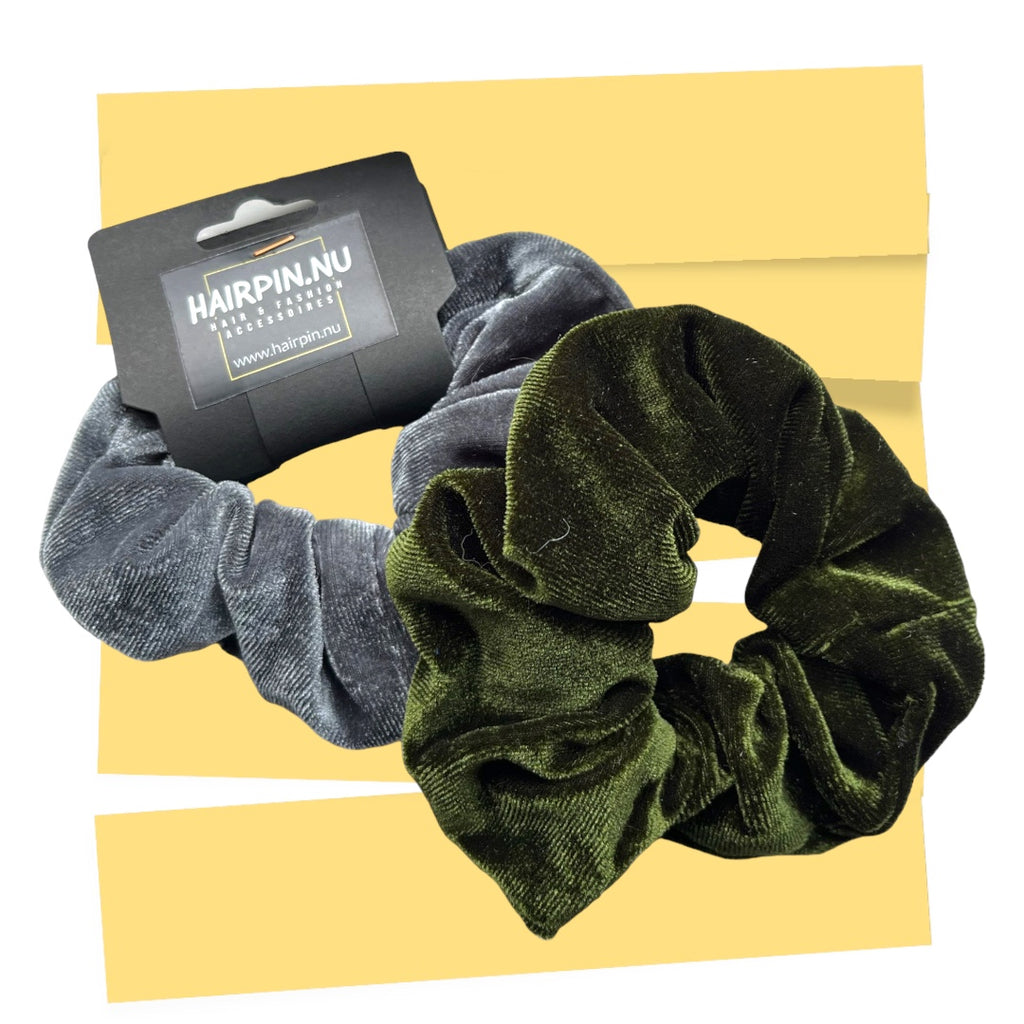 Set 2 scrunchies haarelastieken velvet grijs/groen - HAIRPIN.NU