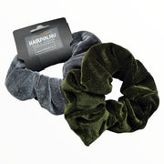 Set 2 scrunchies haarelastieken velvet grijs/groen - HAIRPIN.NU