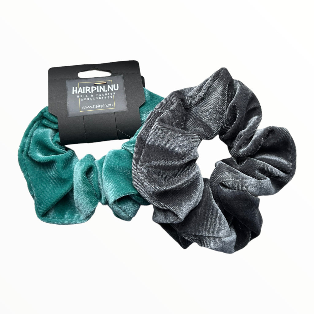 Set 2 scrunchies haarelastieken velvet grijs-petrol - HAIRPIN.NU